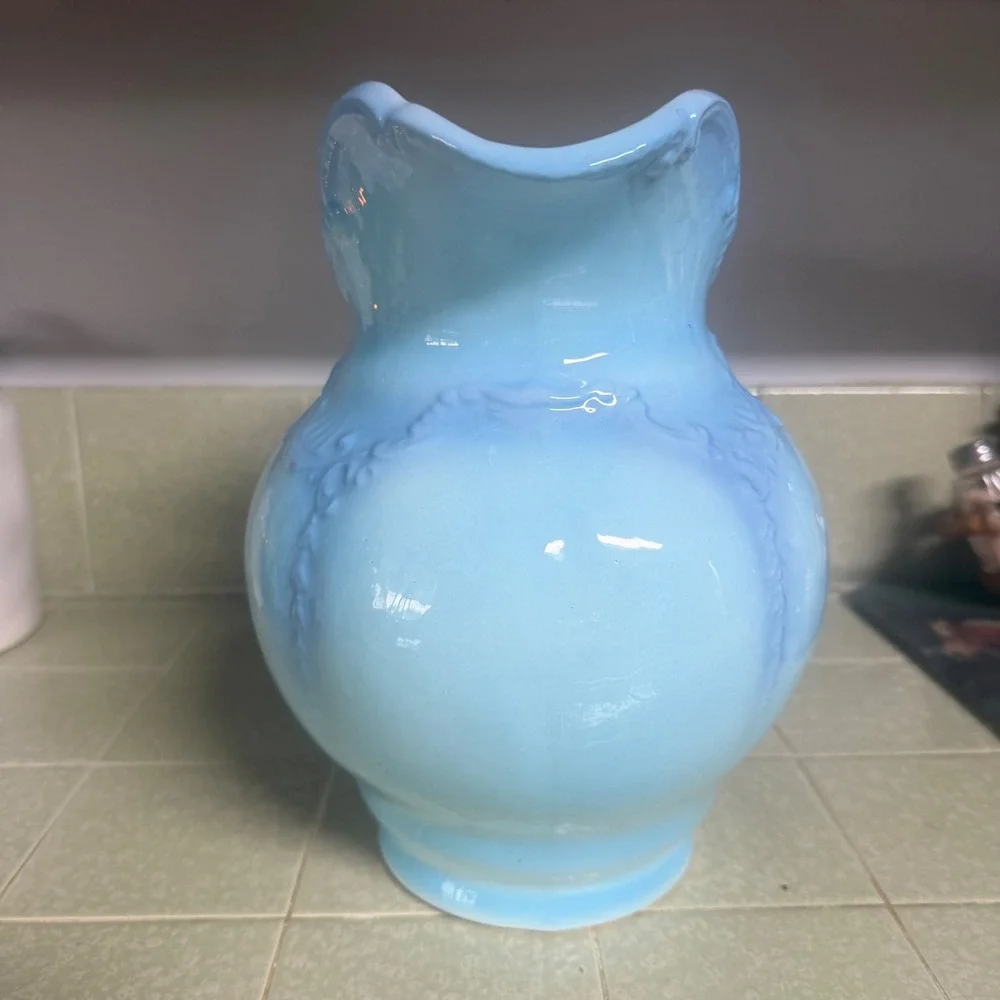 Vintage Blue Embossed Ceramic Pitcher Scalloped Rim Floral Vase 10.5 Inch 60789